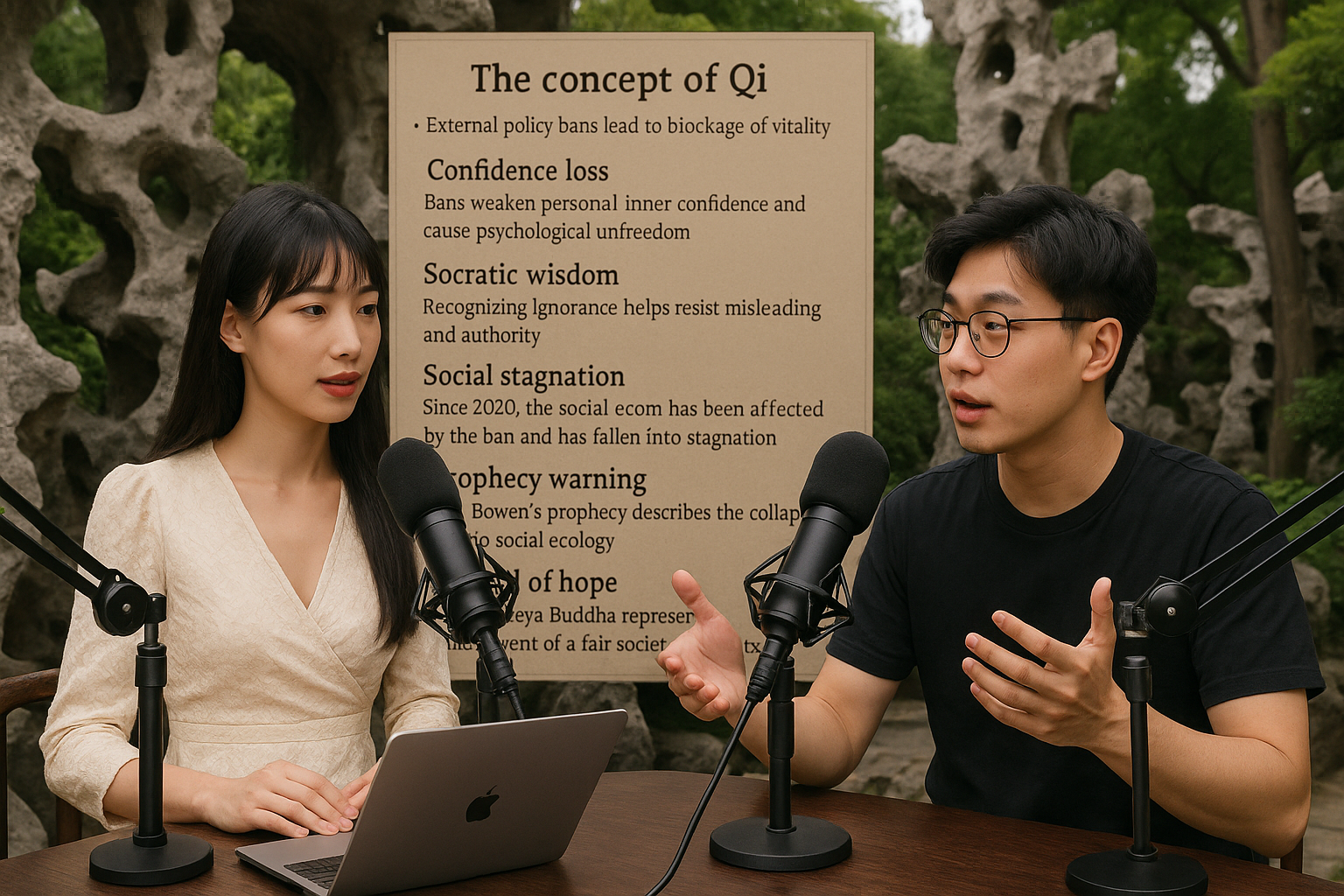 Two young Chinese podcast hosts are talking about a themed talk show together, with modern technology-sense microphone equipment,
■The concept of Qi: External policy bans lead to blockage of vitality.
■Confidence loss: Bans weaken personal inner confidence and cause psychological unfreedom.
■Socratic wisdom: Recognizing ignorance helps resist misleading and authority.
■Social stagnation: Since 2020, the social economy has been affected by the ban and has fallen into stagnation.
■Prophecy warning: Liu Bowen's prophecy describes the collapse of the social ecology.
■Symbol of hope: Maitreya Buddha represents the advent of a fair society and awakening.
The beautiful hostess is wearing DAZY Women Slim Fit Lace Wrap Dress,
The environmental backgrounds of these two hosts can also be combined: Lion Grove - famous for its peculiar stone peaks, the intricate stone caves and paths inside the garden are fascinating.