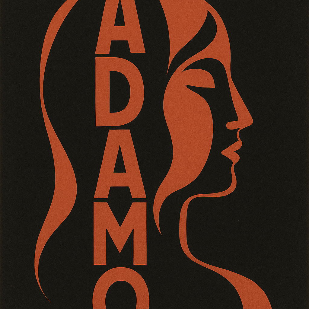 The name ADAMO incorporated into a modern art style desing as a bi-stable figure of a woman facing sideways and the word "ADAMO" in her vertically. Shouldn't be too obvious