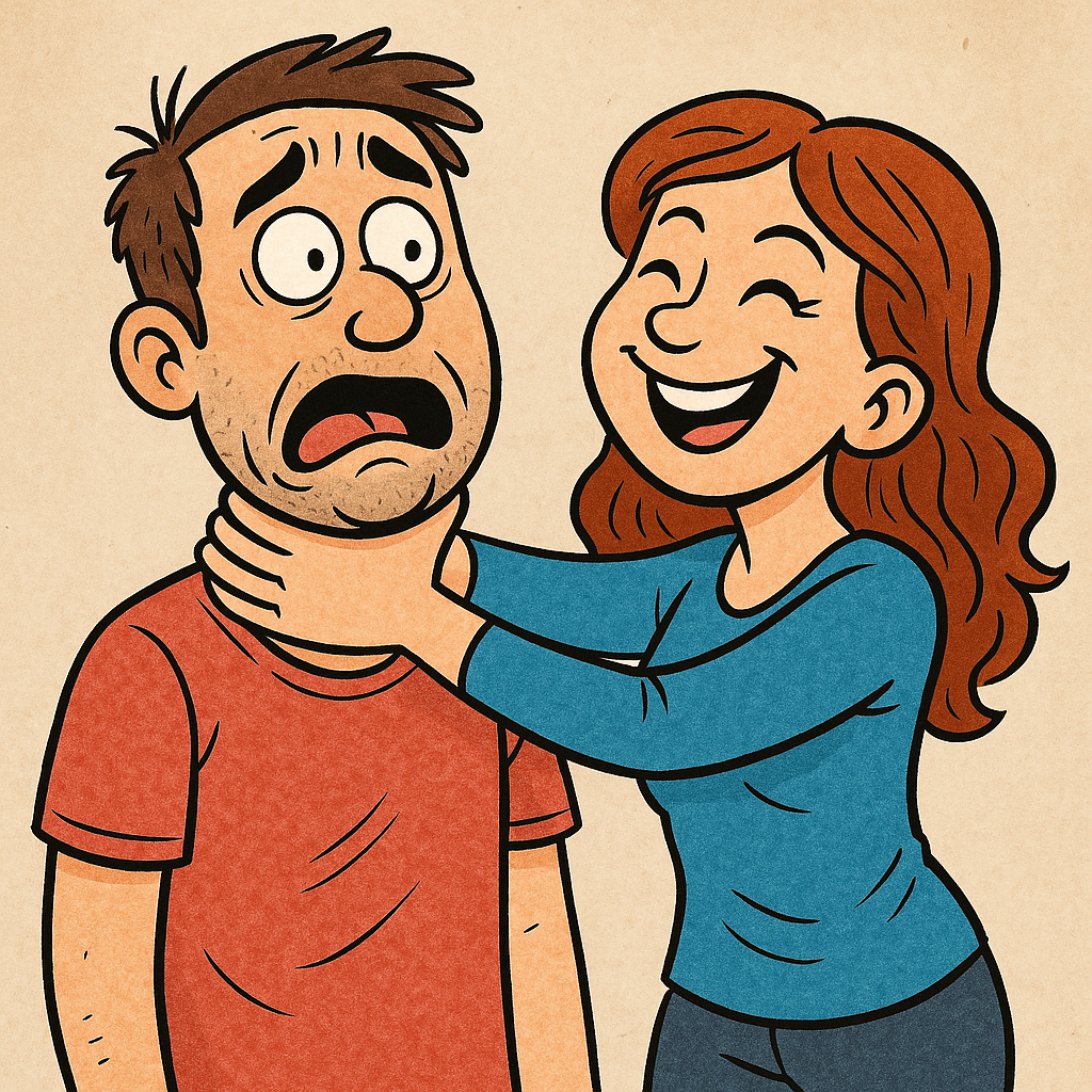 Can you please make a funny cartoon of this couple, where the woman is trying to choke the man? And give her an happy expression on her face.