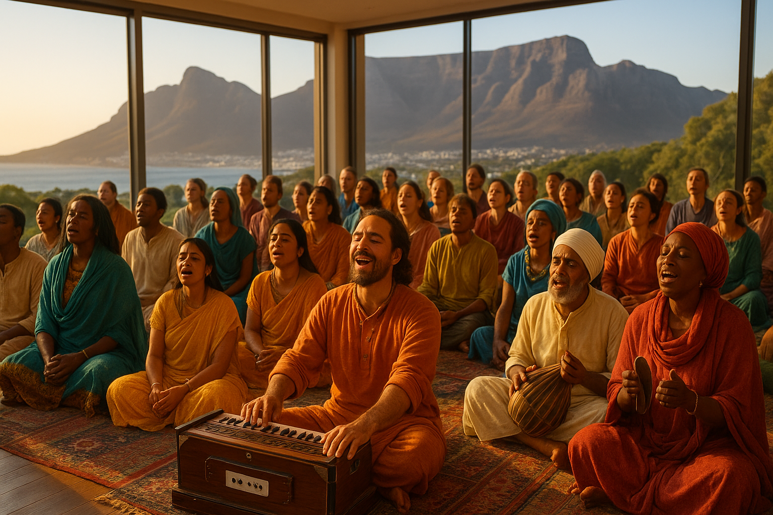 A highly photo-realistic image of a large, warm, inviting indoor space filled with a diverse group of individuals deeply engaged in a communal spiritual music session. The participants—of all ethnicities and races—are seated on colorful rugs and cushions, wearing a rich variety of traditional and modern clothing in vibrant, assorted colors and styles.

At the front, a passionate lead singer plays a harmonium and sings joyfully, accompanied by one person on the mridanga and another on kartals. Everyone is singing with deep devotion and connection, eyes closed or lifted, immersed in the experience.

The room features floor-to-ceiling glass windows that offer stunning, clear views of Table Mountain’s western face and the Atlantic Ocean, exactly as seen from Upper Camps Bay in Cape Town, with golden-hour sunlight casting a warm, natural glow. The mood is one of unity, joy, and reverence.