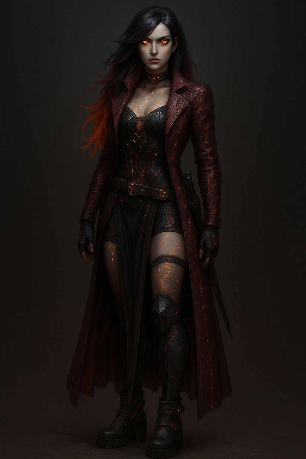 A striking female figure standing at 5'9", Elara has an athletic yet curvaceous build and a commanding presence. Her long, layered hair fades from charcoal gray at the roots to fiery crimson and orange at the tips, sleekly styled to match her mysterious aura. Her eyes glow faintly, a gradient of amber to crimson, especially in low light. Her smooth pale skin is marked with faint, glowing runes that pulse gently when active. A subtle scar along her jawline hints at a violent past.

She wears a deep crimson, dragonhide-like long coat with a faint metallic sheen and glowing bioluminescent threadwork. Beneath it, a high-tech corset with glowing energy conduits hugs her torso. Her legs are armored, accompanied by a draped, high-slit skirt that adds flair to her agile silhouette. Chunky gothic platform boots with glowing accents support her silent movement.

Accessories include fingerless gloves with glowing channels, a choker embedded with a Void crystal shard, and rune-etched weapons sheathed at her side. Her look radiates a futuristic gothic elegance, mysterious and dangerous.
