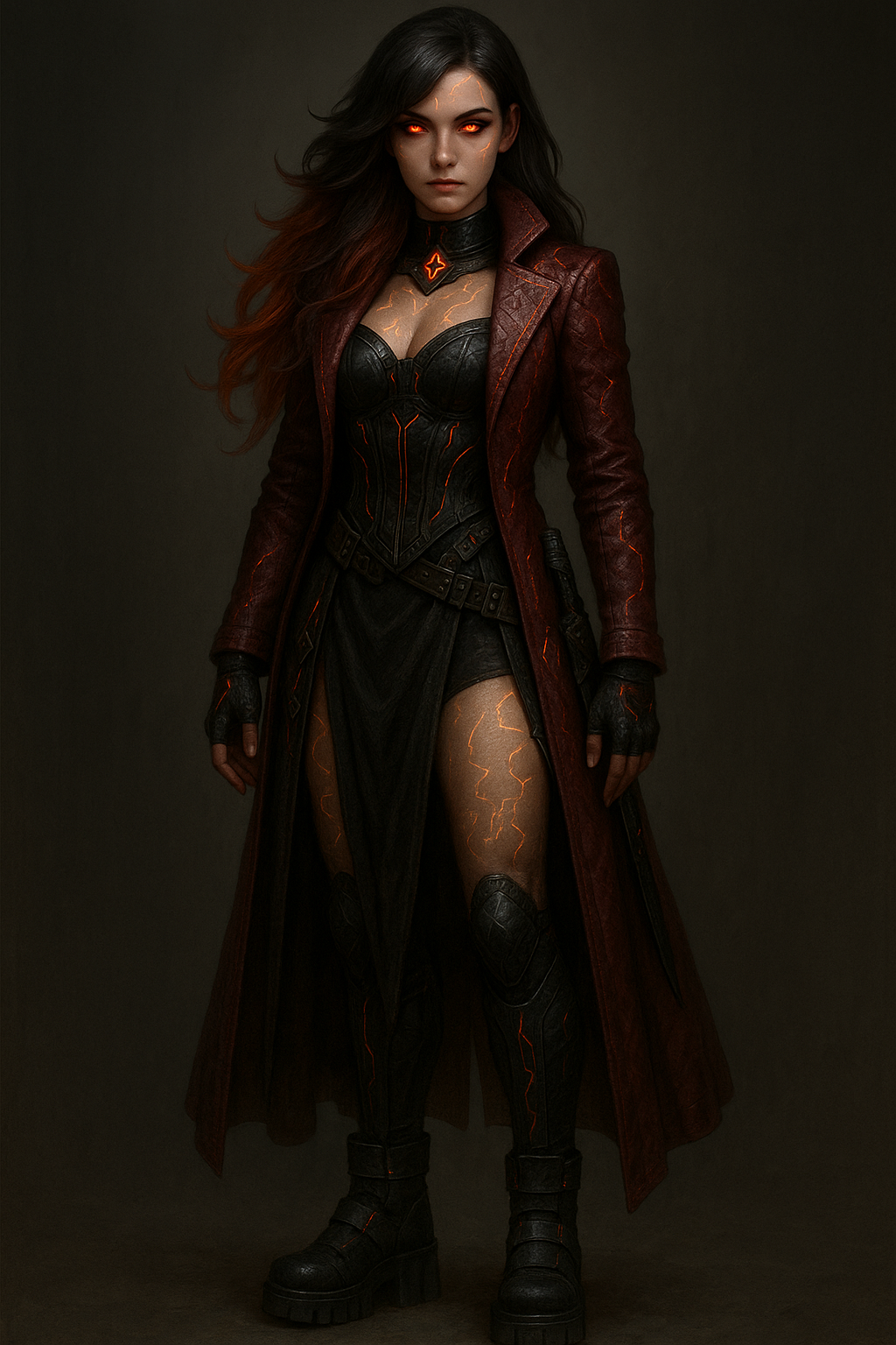 A striking female figure standing at 5'9", Elara has an athletic yet curvaceous build and a commanding presence. Her long, layered hair fades from charcoal gray at the roots to fiery crimson and orange at the tips, sleekly styled to match her mysterious aura. Her eyes glow faintly, a gradient of amber to crimson, especially in low light. Her smooth pale skin is marked with faint, glowing runes that pulse gently when active. A subtle scar along her jawline hints at a violent past.

She wears a deep crimson, dragonhide-like long coat with a faint metallic sheen and glowing bioluminescent threadwork. Beneath it, a high-tech corset with glowing energy conduits hugs her torso. Her legs are armored, accompanied by a draped, high-slit skirt that adds flair to her agile silhouette. Chunky gothic platform boots with glowing accents support her silent movement.

Accessories include fingerless gloves with glowing channels, a choker embedded with a Void crystal shard, and rune-etched weapons sheathed at her side. Her look radiates a futuristic gothic elegance, mysterious and dangerous.