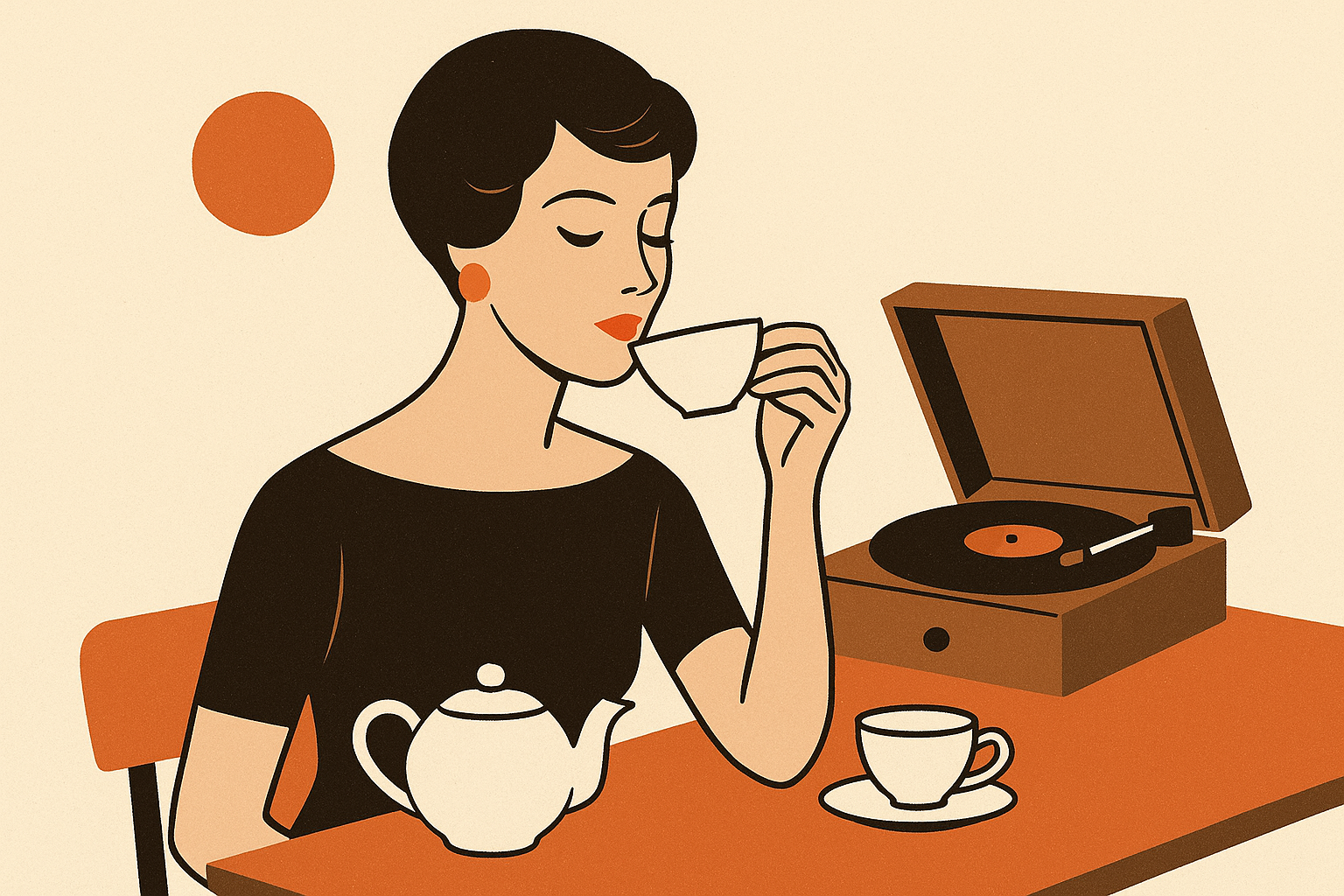 create a minimalistic mid-century modern art aesthetic illustration of a classic vintage lady that is drinking her tea with her tea set in the table and listening to her vinyl record playing
