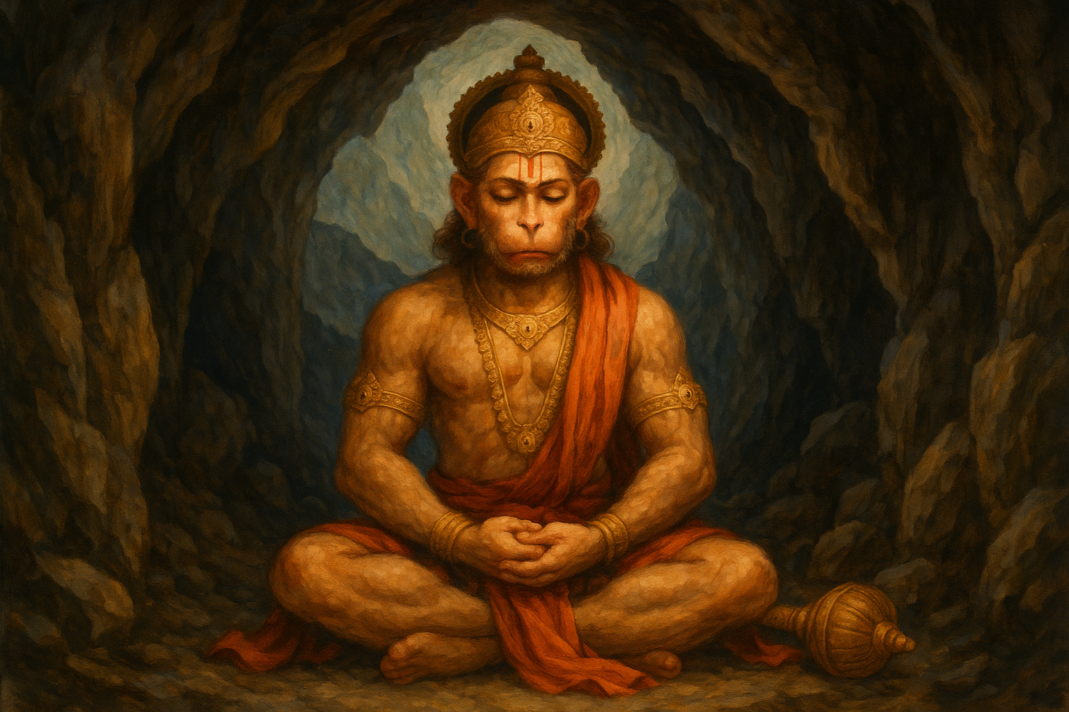 hanuman siting in a moutain cave