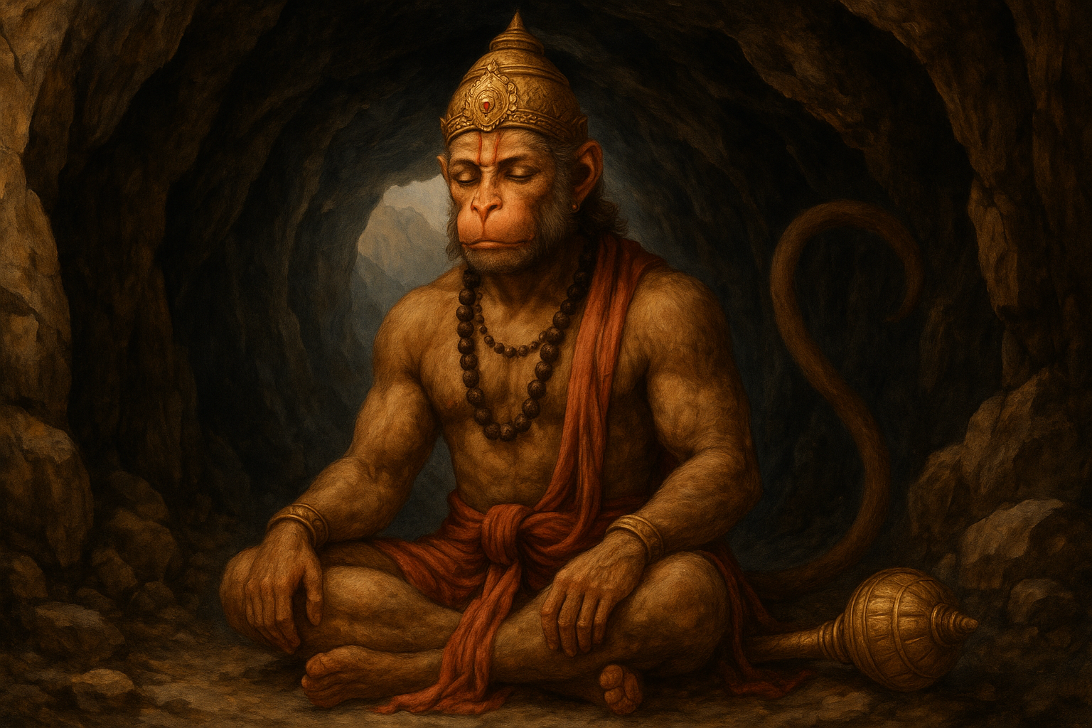 hanuman siting in a moutain cave
