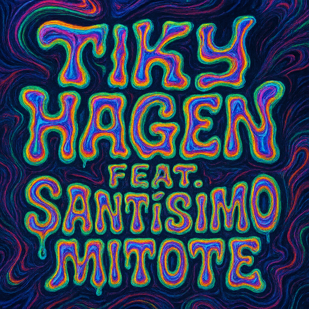 i need a logo for a retro funky band. the name of the band is “TIKY HAGEN FEAT. SANTISIMO MITOTE" it must be perfectly well written and spelled. A futuristic, crazy , madness. weird crazy , only fonts full color 128k, surreal, and totally unique with a trippy psychedelic aesthetic, abstract distortion, glitch art, or fluid neon chaos visually electrifying, Twisted neon vortexes, geometric dreamscapes, or glitchy interdimensional chaos something that stuns the senses! Fonts dripping plastic.