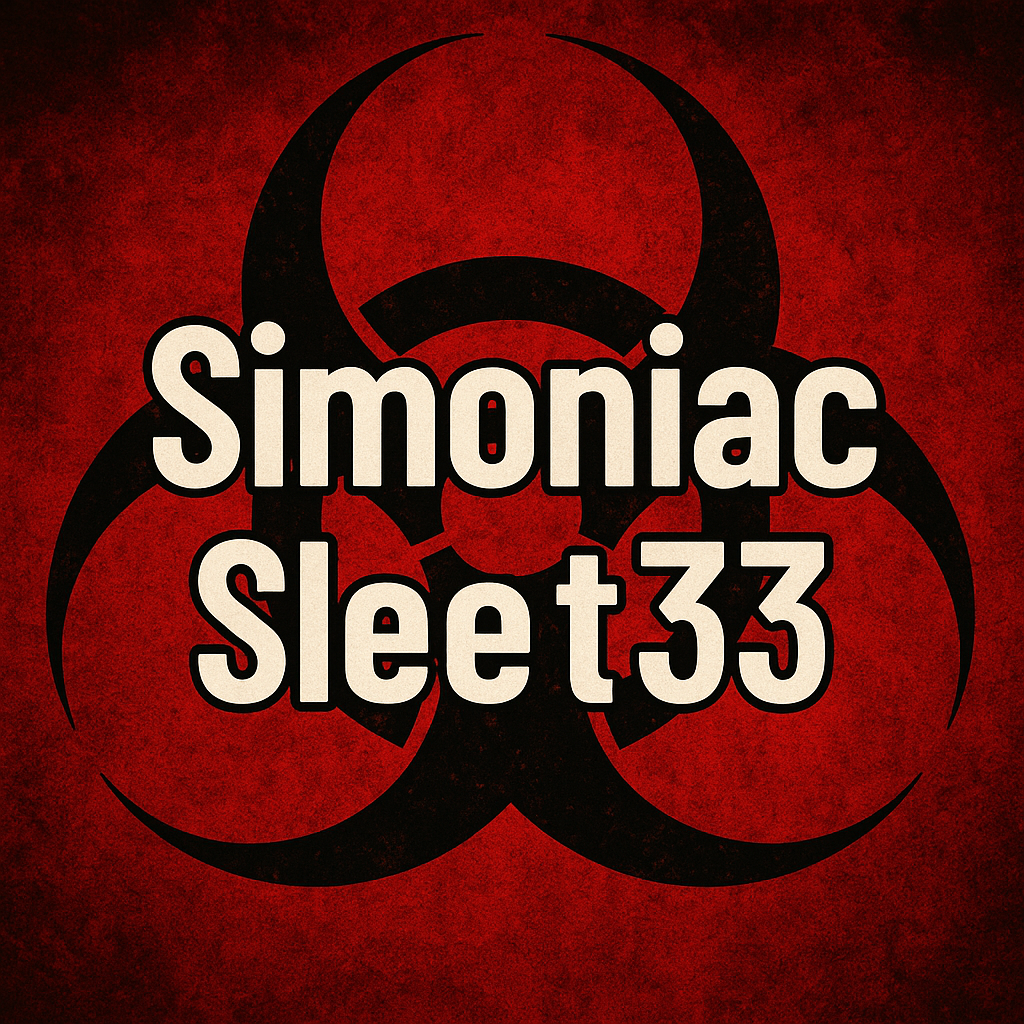 Make me a pfp that says SimoniacSleet33 simoniac should be on top of sleet33 with a red a black biohazard background