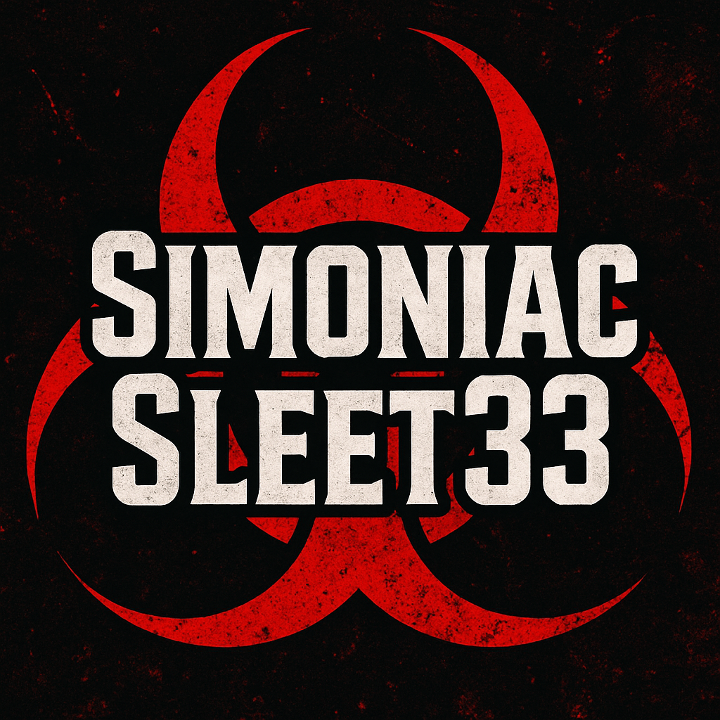 Make me a pfp that says SimoniacSleet33 simoniac should be on top of sleet33 with a red a black biohazard background