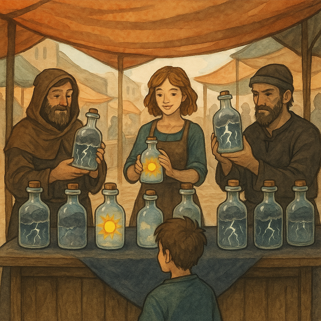 create an image of market where the merchants sell different types of weather in a glass bottle like storms, sunny, and thunderstorms?