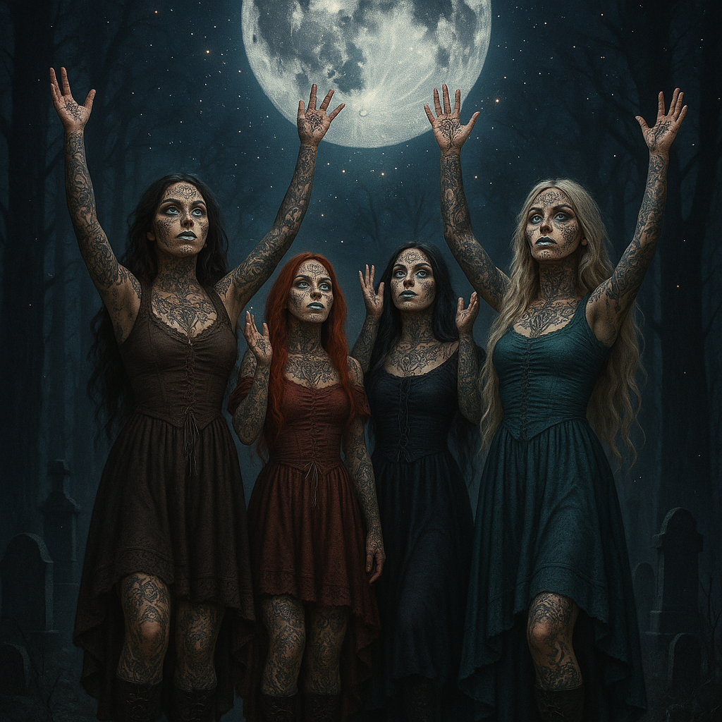 several realistic full body women with all different colors and length of hair witch tattoos on their face. all over them covered in tattoos. bright blue eyes silver lipstick outlined in black. gypsy style dress and knee high boots in a dark forest with a cemetery and a full moon with glittery sparks.they are standing with their arms raised toward the moon. A very dark night with stars in the sky.  Dark fantasy realism.
