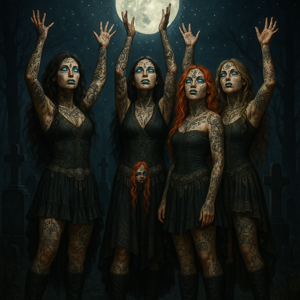 several realistic full body women with all different colors and length of hair witch tattoos on their face. all over them covered in tattoos. bright blue eyes silver lipstick outlined in black. gypsy style dress and knee high boots in a dark forest with a cemetery and a full moon with glittery sparks.they are standing with their arms raised toward the moon. A very dark night with stars in the sky.  Dark fantasy realism.