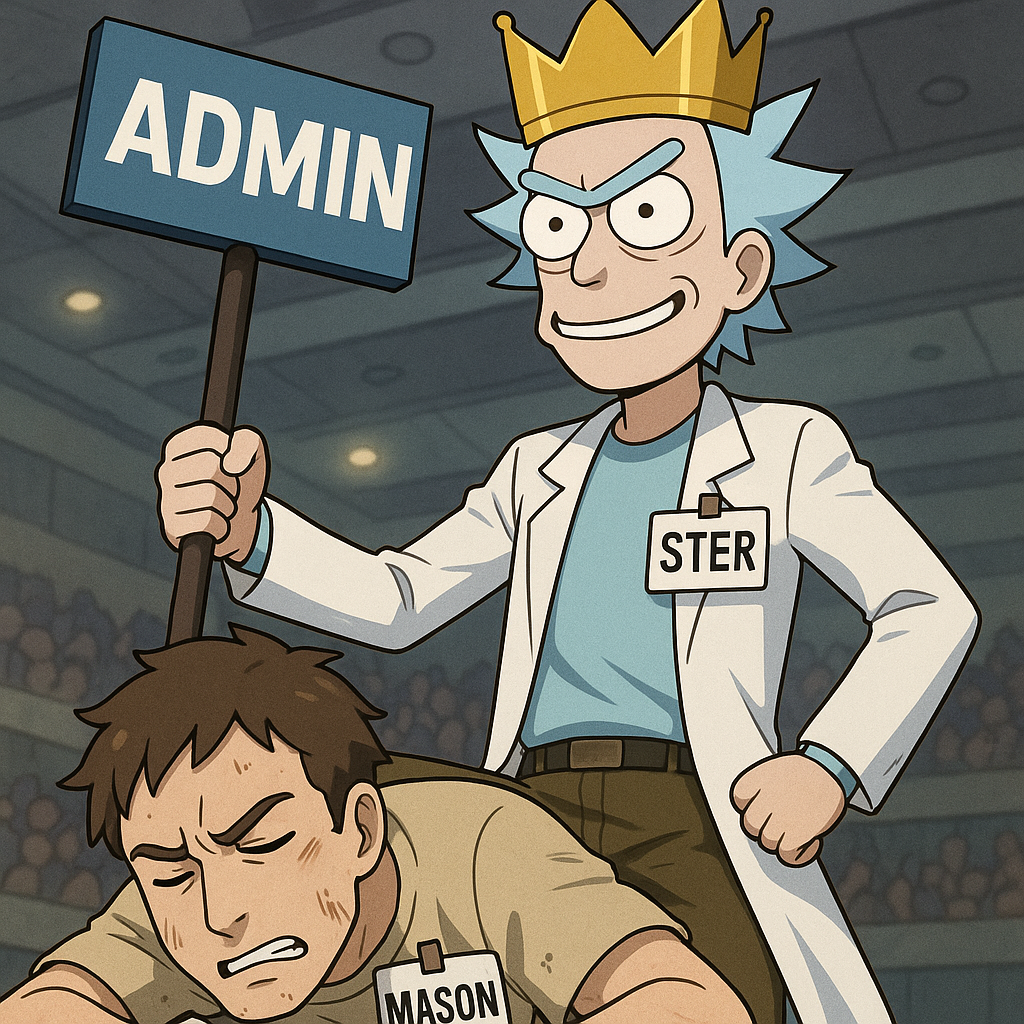 Make Rich Sanchez, Now renamed ster with a name tag displaying it. Rick Is fighting against Some 5'5 190lb new yorkian named Mason. He is 20. . They are VERY distressed. Make it anime style. It's rick sánchez, the cartoon. Mason has a name tag. He is white. Italiano.

Take all this, now show the after math. Ster comes out on top sporting a crown and a sign post that's says "ADMIN"
Mason is down on the ground