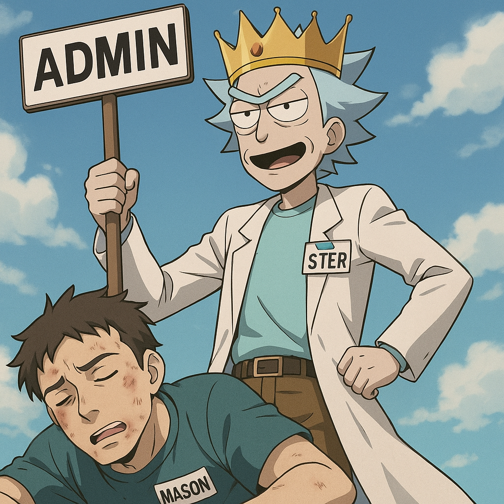 Make Rich Sanchez, Now renamed ster with a name tag displaying it. Rick Is fighting against Some 5'5 190lb new yorkian named Mason. He is 20. . They are VERY distressed. Make it anime style. It's rick sánchez, the cartoon. Mason has a name tag. He is white. Italiano.

Take all this, now show the after math. Ster comes out on top sporting a crown and a sign post that's says "ADMIN"
Mason is down on the ground