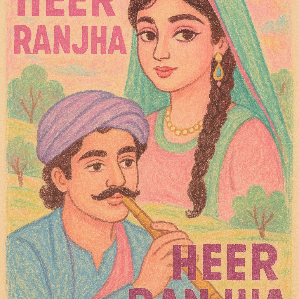 vintage poster of pakistani movie heer ranjha but with pastels and more of a cartoonish drawing
