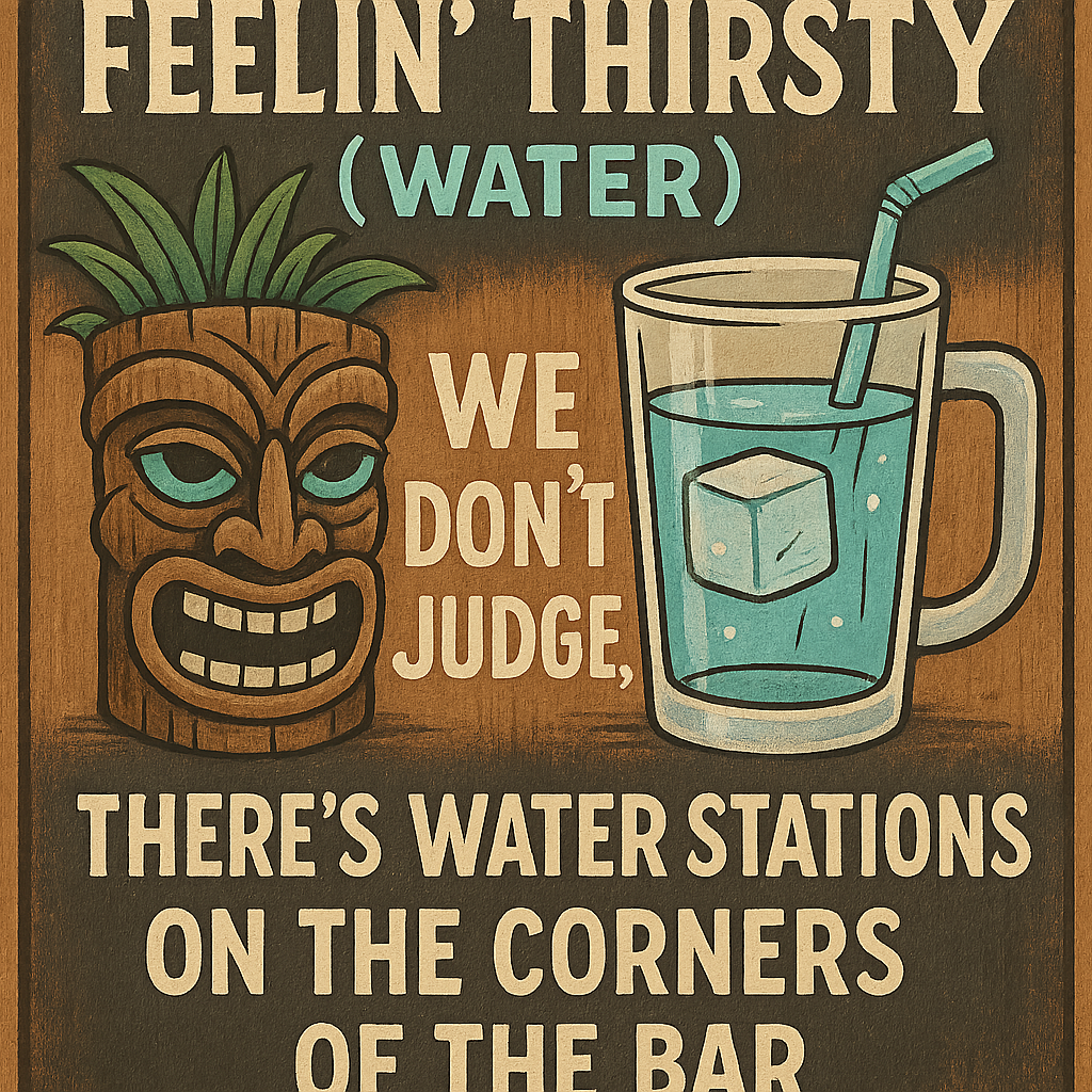 Make me a nice sign for a tiki bar.

I want it to include this

Feelin Thirsty (water) 

We don't judge, theres water stations on the corners of the bar