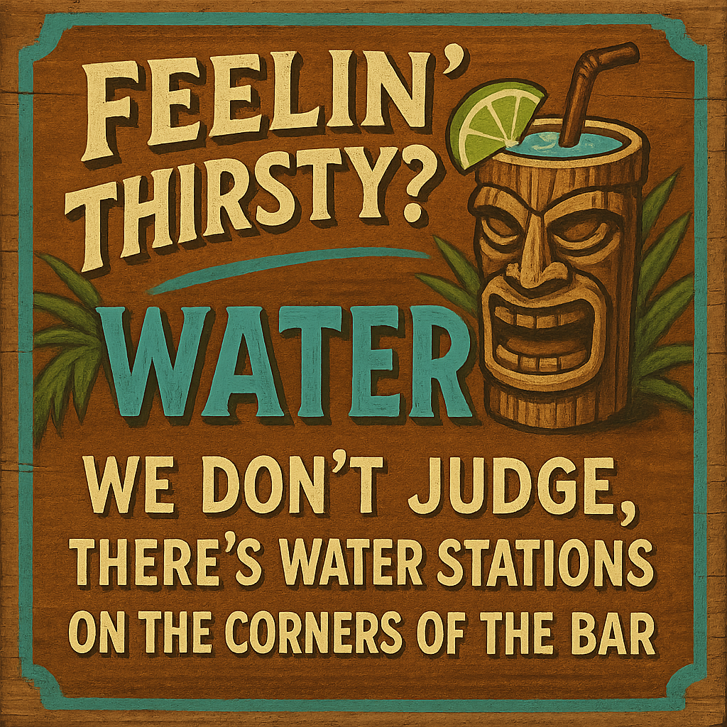 Make me a nice sign for a tiki bar.

I want it to include this

Feelin Thirsty (water) 

We don't judge, theres water stations on the corners of the bar