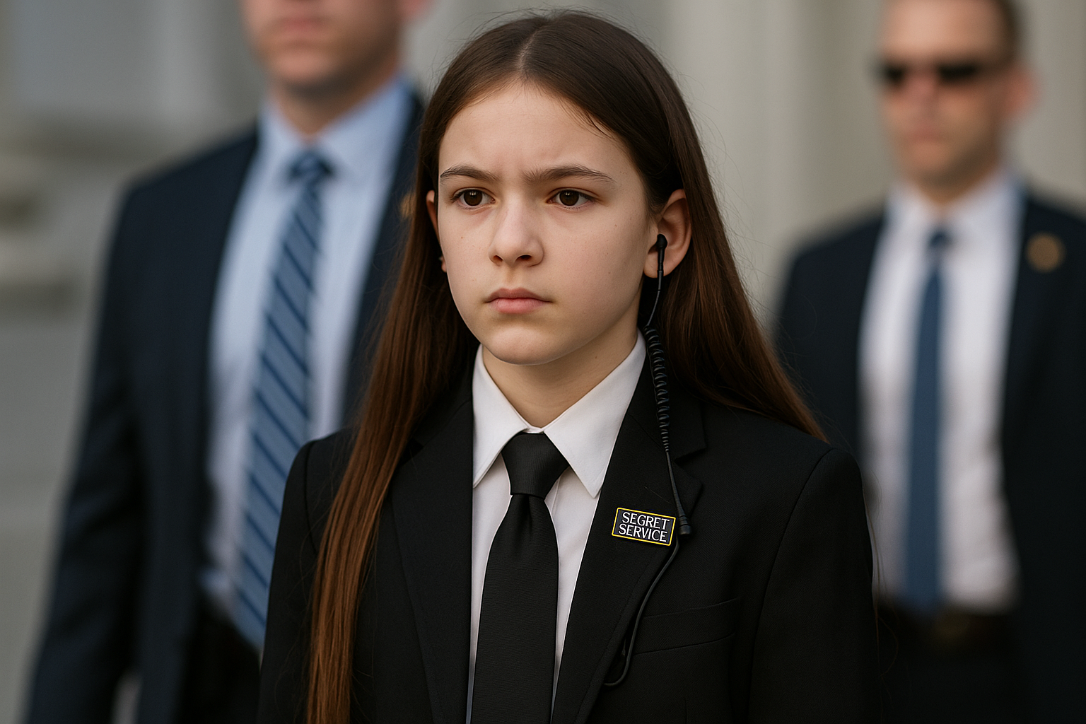 Generate an image of a 14-year-old female Secret Service agent. She dresses exactly like men tie and all. She has long hair.