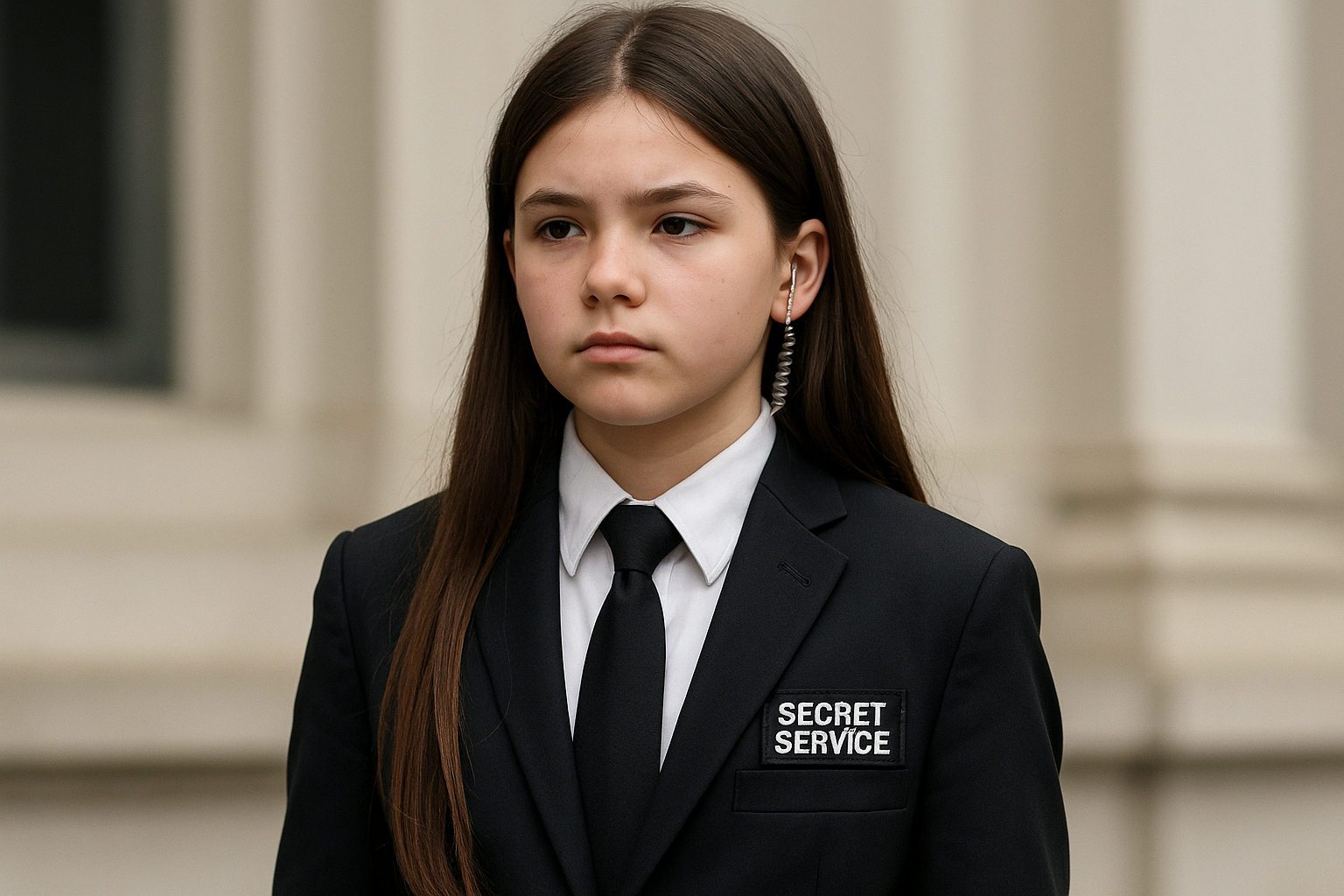 Generate an image of a 14-year-old female Secret Service agent. She dresses exactly like men tie and all. She has long hair.