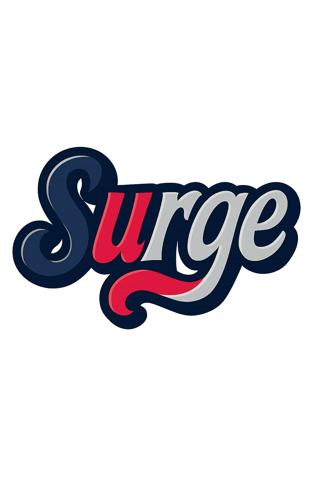 The words "Surge" in the colors Midnight Navy (#001F3F), Crimson Flash (#DC143C), Silver Mist (#C0C0C0). In a creative font. Just the words "Surge" With nothing else there a transparent background. Transparent background.