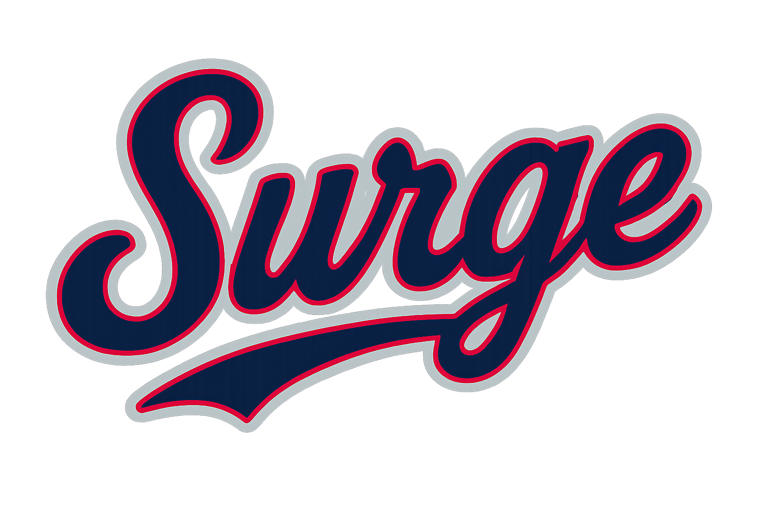 The words "Surge" in the colors Midnight Navy (#001F3F), Crimson Flash (#DC143C), Silver Mist (#C0C0C0). In a creative font. Just the words "Surge" With nothing else there a transparent background. Transparent background.