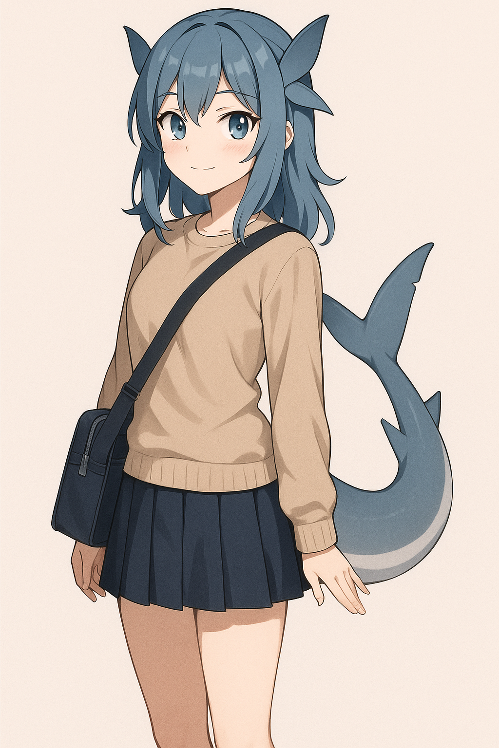 A college age anime girl with a shark tail and fins on her head