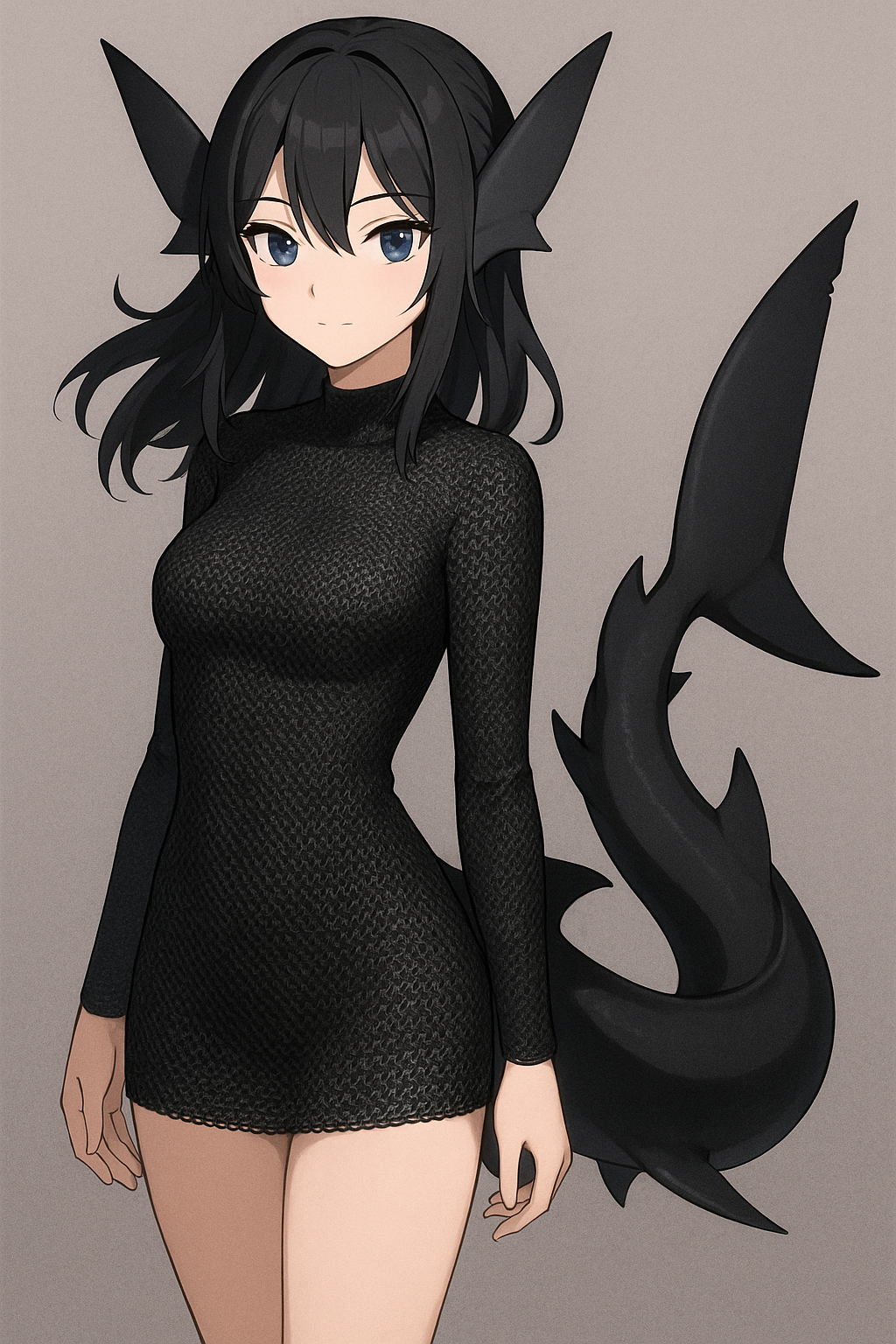 An anime woman with a large black shark tail and fins on her head where her ears would be, wearing a simple black chainmail wetsuit.