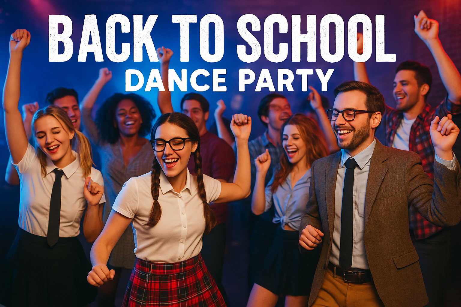 generate image for Facebook banner back to school themed dance party. dressed as school girl, teacher, wearing school more people make the party look enticing and everyone is dancing having fun guys and girls.