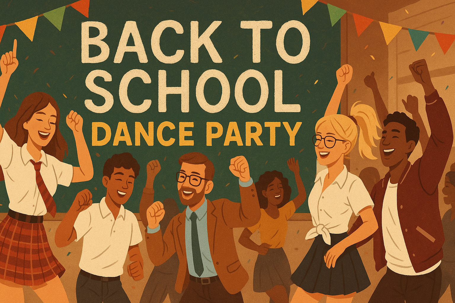 generate image for Facebook banner back to school themed dance party. dressed as school girl, teacher, wearing school more people make the party look enticing and everyone is dancing having fun guys and girls.