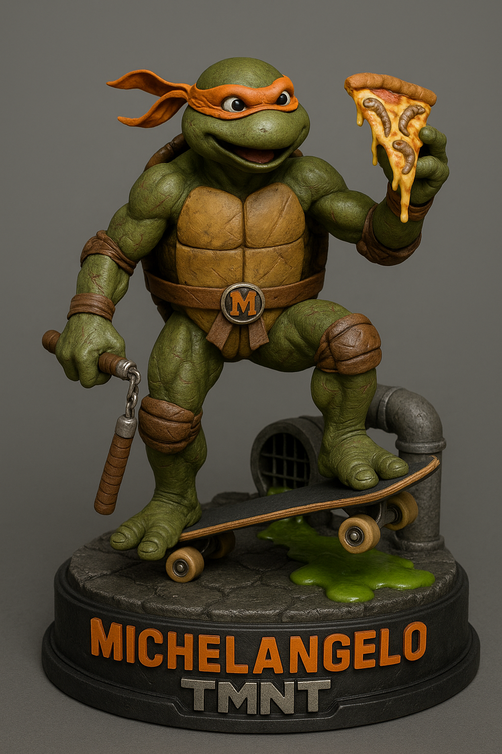 Create a super realistic 7-inch 3D figurine of Michelangelo from Teenage Mutant Ninja Turtles. He should be posed with one foot planted firmly on a skateboard, holding a slice of anchovy pizza in his left hand and a static, realistic nunchaku in his right hand. His body must reflect comic- and movie-accurate anatomy — three fingers and two toes. Show subtle but defined battle scars across his shell and limbs. The base should resemble a gritty sewer setting, complete with green ooze puddling around him and sewer pipes. Add "MICHELANGELO" in bold orange letters on the front of the base, with "TMNT" beneath it in metallic silver. Capture textures like rubber skateboard wheels, weathered leather pads, and cheesy, dripping pizza in high detail.