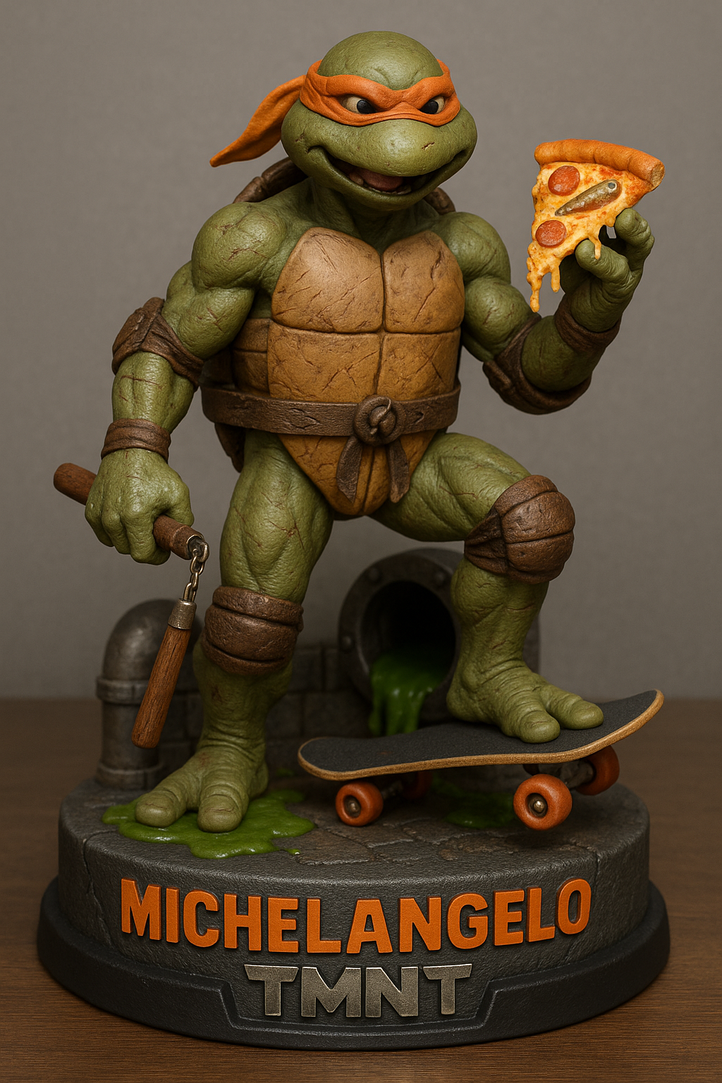 Create a super realistic 7-inch 3D figurine of Michelangelo from Teenage Mutant Ninja Turtles. He should be posed with one foot planted firmly on a skateboard, holding a slice of anchovy pizza in his left hand and a static, realistic nunchaku in his right hand. His body must reflect comic- and movie-accurate anatomy — three fingers and two toes. Show subtle but defined battle scars across his shell and limbs. The base should resemble a gritty sewer setting, complete with green ooze puddling around him and sewer pipes. Add "MICHELANGELO" in bold orange letters on the front of the base, with "TMNT" beneath it in metallic silver. Capture textures like rubber skateboard wheels, weathered leather pads, and cheesy, dripping pizza in high detail.