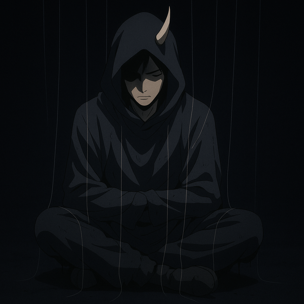 anime style drawing of a hooded man with a single horn protruding from the head sitting cross legged in a very dimly lit void with paper thin strings haning from his body