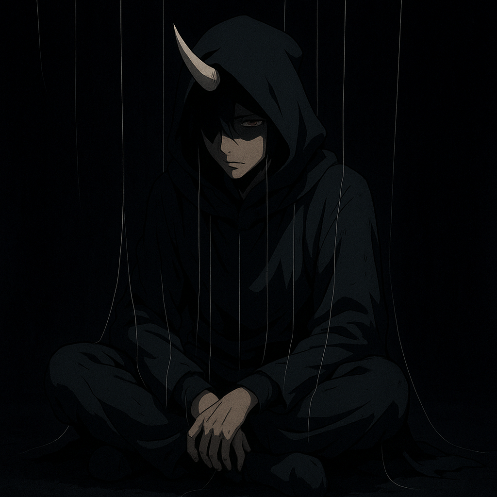 anime style drawing of a hooded man with a single horn protruding from the head sitting cross legged in a very dimly lit void with paper thin strings haning from his body