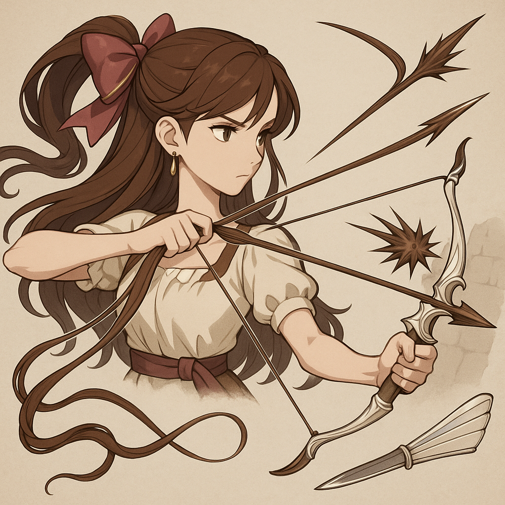 Concept: Hair Clip Bow Weapon
1. Transformable Hair Clip:
	•	Her bow looks like a decorative hair clip with ribbon-like extensions, blending into her hairstyle.
	•	When she activates her power, the clip unfolds into a small, elegant handheld bow (think compact, magical weapon).

2. Arrows Made from Hair:
	•	She plucks strands of her own hair to form arrows.
	•	When hardened, her hair arrows are razor-sharp and can pierce armor.
	•	She can also braid strands into thicker, spiraled arrows that explode into spikes on impact (like a thorn bomb).

3. Silk Thread Shots:
	•	Instead of just shooting arrows, she can fire binding threads of hair to entangle enemies—like a grappling arrow that pulls or restrains.
	•	Could be used to hook enemies and reel them in or snag weapons from a distance.

4. Hidden Blade Mode:
	•	The hair clip could also hide a thin retractable blade (like a razor fan), allowing her to use it in close combat if needed.

⸻

Special Techniques with the Bow:
	•	“Blooming Arrow” – A single arrow that bursts into dozens of hair spikes upon hitting a surface.
	•	“Silken Snare” – Fires a braided strand that wraps around enemies like rope.
	•	“Lotus Splitter” – Fires multiple hair arrows that spin together like a fan, slicing everything in their path.

⸻

Visual Flair:
	•	When the bow forms, it could look like elegant bone or silver, but is actually hardened hair shaped and locked into place.