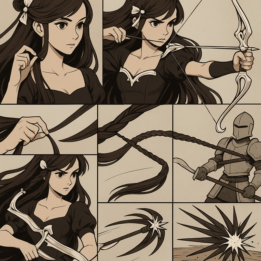 Concept: Hair Clip Bow Weapon
1. Transformable Hair Clip:
	•	Her bow looks like a decorative hair clip with ribbon-like extensions, blending into her hairstyle.
	•	When she activates her power, the clip unfolds into a small, elegant handheld bow (think compact, magical weapon).

2. Arrows Made from Hair:
	•	She plucks strands of her own hair to form arrows.
	•	When hardened, her hair arrows are razor-sharp and can pierce armor.
	•	She can also braid strands into thicker, spiraled arrows that explode into spikes on impact (like a thorn bomb).

3. Silk Thread Shots:
	•	Instead of just shooting arrows, she can fire binding threads of hair to entangle enemies—like a grappling arrow that pulls or restrains.
	•	Could be used to hook enemies and reel them in or snag weapons from a distance.

4. Hidden Blade Mode:
	•	The hair clip could also hide a thin retractable blade (like a razor fan), allowing her to use it in close combat if needed.

⸻

Special Techniques with the Bow:
	•	“Blooming Arrow” – A single arrow that bursts into dozens of hair spikes upon hitting a surface.
	•	“Silken Snare” – Fires a braided strand that wraps around enemies like rope.
	•	“Lotus Splitter” – Fires multiple hair arrows that spin together like a fan, slicing everything in their path.

⸻

Visual Flair:
	•	When the bow forms, it could look like elegant bone or silver, but is actually hardened hair shaped and locked into place.