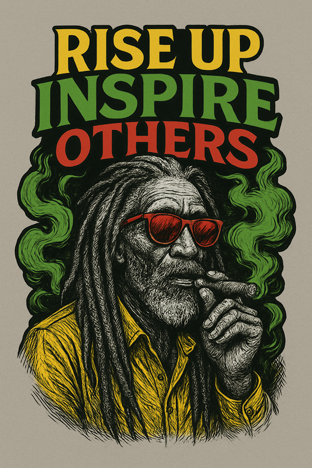 Creative logo illustration digital painting art style of a black and white intricat sketch drawing of an old black man with long dreadlocks, shiny  cool  vibrant  red sunglasses, wearing vibrant yellow jacket and holding a cigar surrounded by vibrant green thick smoke, the words ( RISE UP INSPIRE OTHERS) in big bold Creative font style in vibrant yellow,  vibrant green and vibrant red colors font style artfully at the top of the design, high definition, intricat details, negative space, clean lines, tshirts design set on a simple grey background