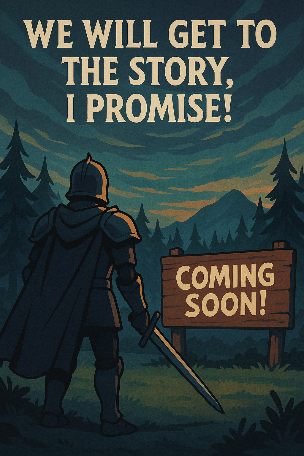 An illustrated fantasy scene featuring a lone knight in dark armor standing in a forest clearing at twilight. The knight is viewed from behind and holds a sword in one hand, facing a large wooden sign that reads "COMING SOON!" in bold white letters. Above the scene, large dramatic text reads: "WE WILL GET TO THE STORY, I PROMISE!" The background features dense pine trees and distant mountains under a cloudy dusk sky with streaks of orange and blue. The art style is stylized avatar the last airbender, with a moody and slightly humorous tone.