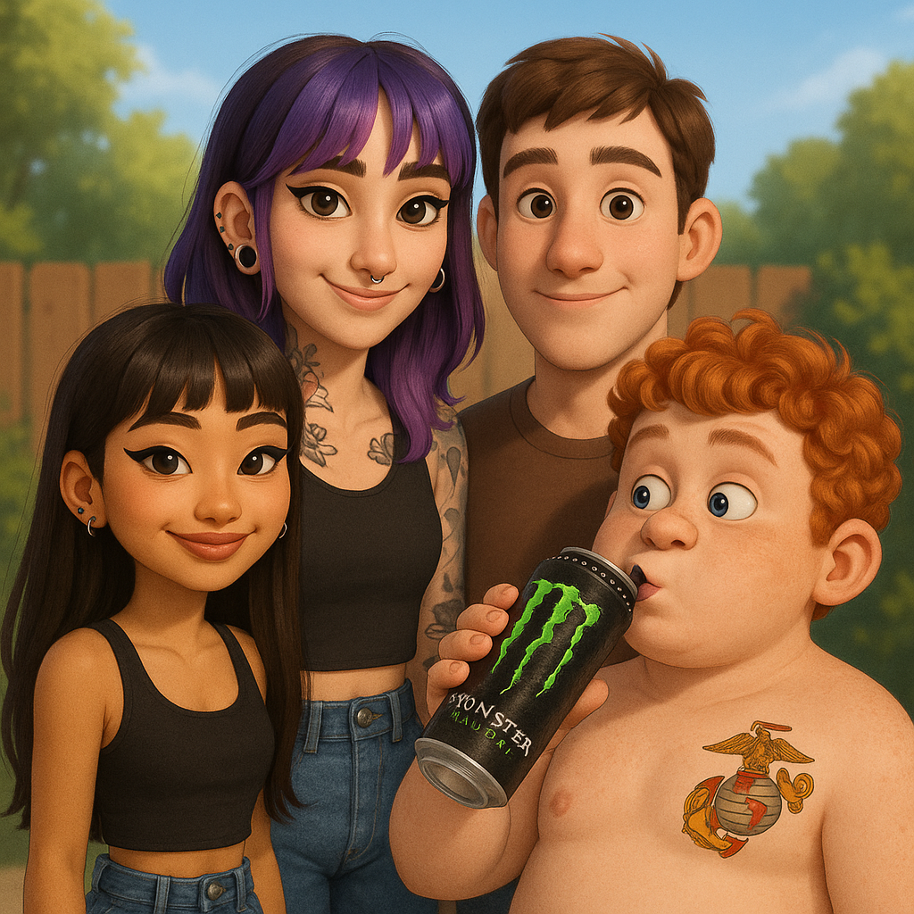 there’s an asian girl with mid-back length dark brown hair with bangs and she’s very pretty with winged eyeliner and a nose piercing on either side of her nostril. she’s short and tan and very skinny. there’s also a taller white girl with dark purple hair and bright purple money piece curtain bangs. she has tattoos and dainty nose piercings and earrings all up her ear. then there’s a brunette white boy that’s average looking and the same height as the girl with purple hair. lastly, there’s “Strawberry Beefcake”, he is a short, pale boy with curly red hair. he has the marine corps emblem on his chest and is drinking a monster energy drink. create a cartoon scene with strawberry beefcake and his friends hanging out. do it in pixar cartoon style