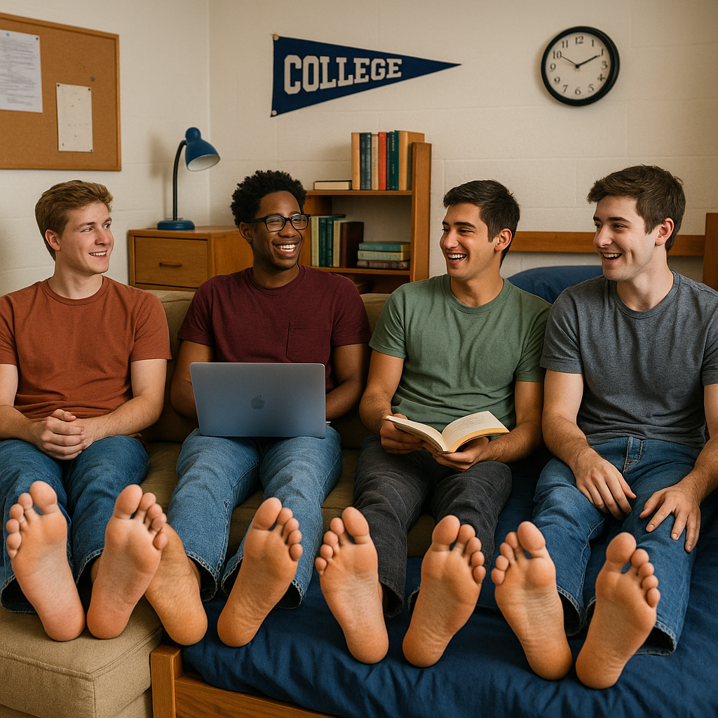 College guys barefoot relaxing in dorm