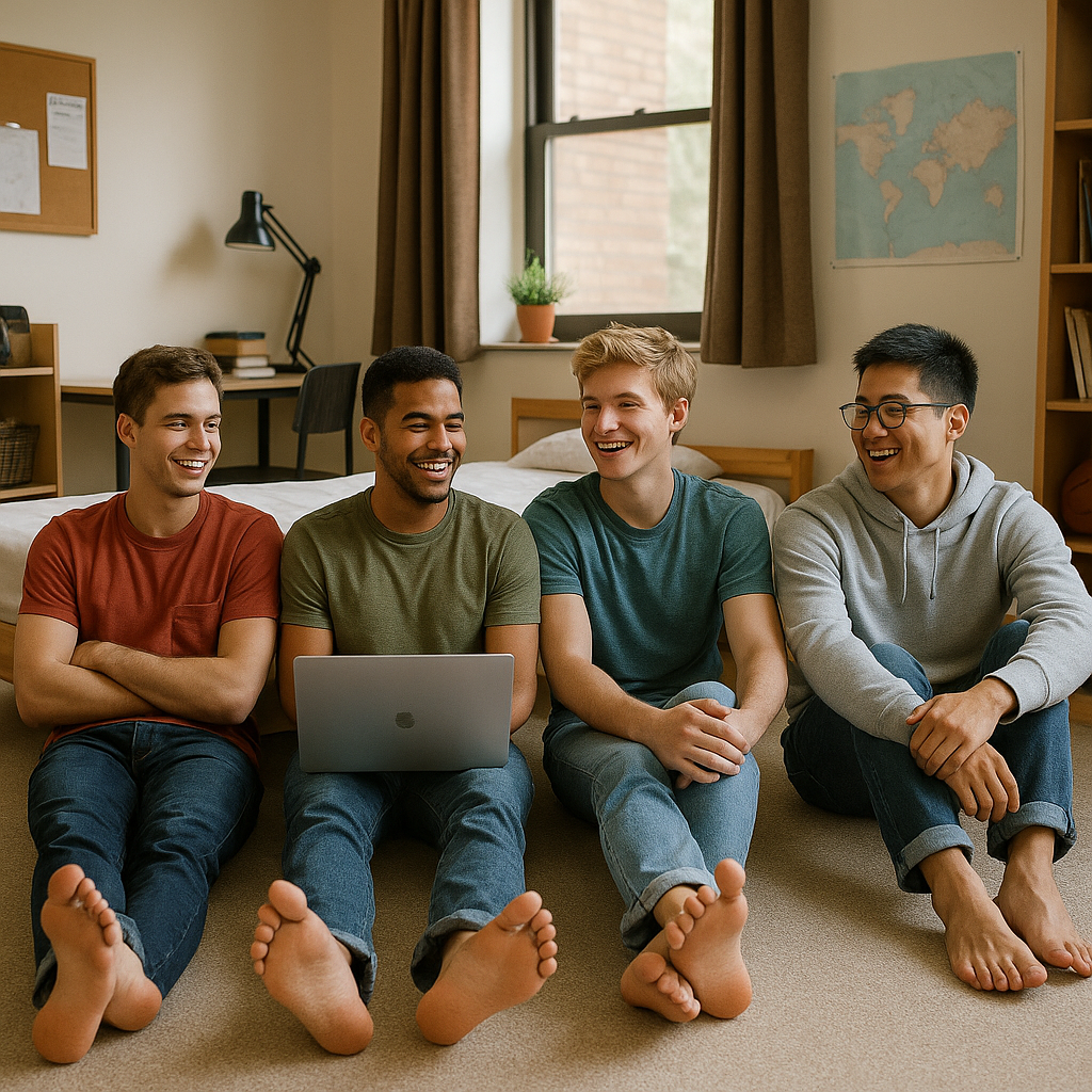 College guys barefoot relaxing in dorm