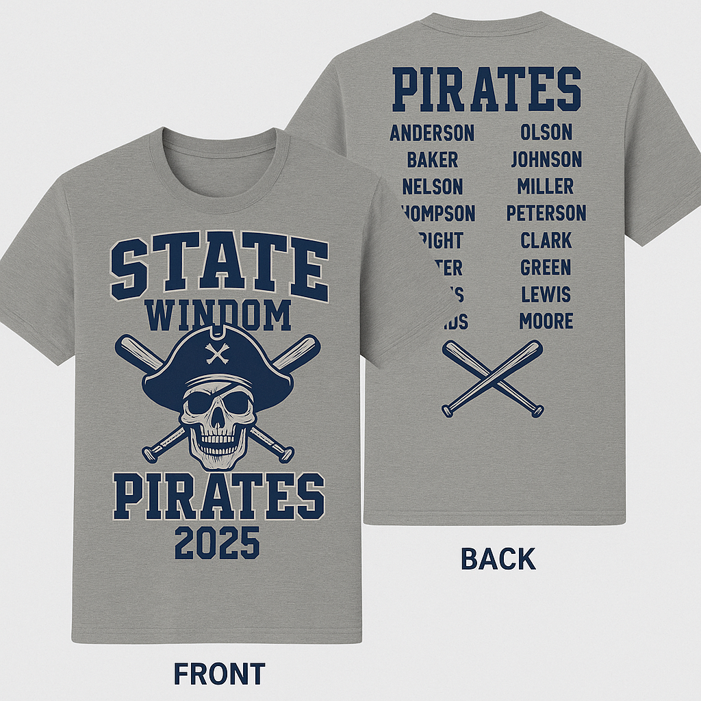Create a state baseball shirt for our amateur team. Roster on the back and it’s for 2025. We are the windom pirates and want it to be pirate themed