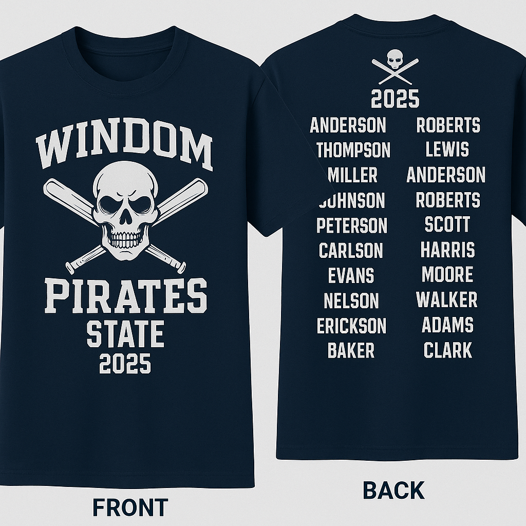Create a state baseball shirt for our amateur team. Roster on the back and it’s for 2025. We are the windom pirates and want it to be pirate themed