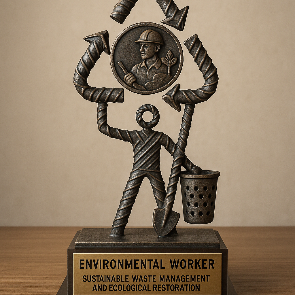 a trophy made from 80% tmt bars dedicated to a environmental worker who works for  sustainable waste management and ecological restoration