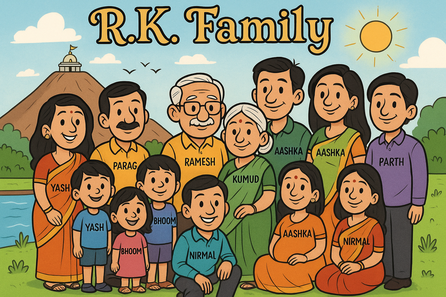 As an expert cartoonist, draw a cartoon image with the title *R.K. Family* with fancy fonts. Add a background of a huge mountain with a small jain temple on the top, a river, some birds and a sun. Now add an indian grandpa(RAMESH) with grandma(KUMUD) in the center. On RAMESH's left, add a man (PARAG) and a woman (SHITAL) with one boy (YASH), one girl (BHOOMI) and one girl (PRIYANSHI) . On RAMESH's right side, add a man (BHADRESH) and a woman (PREETI). On center of BHADRESH and PREETI, add a pregnant woman (AASHKA) and a man (PARTH). Lastly, on RAMESH's front side, add another man (JAINENDRA) and a woman (NIRMAL) with a girl (KAABYAMASI)
Make sure all the identifiers like RAMESH, KUMUD, YASH, etc are visible on everyone's clothes. Make sure all 13 members are present and with correct names