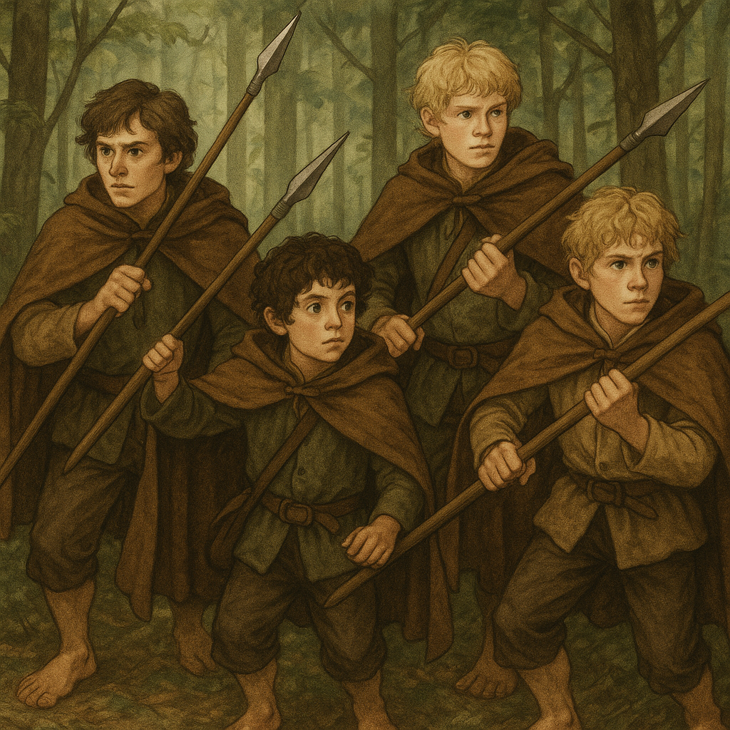 Four young men hunting in the woods with spears. Hobbit clothes and brown cloak. Two blonde boys, two brunette boys, one brunette boy is small woth curly hair.