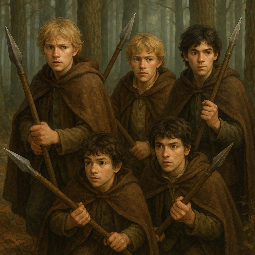 Four young men hunting in the woods with spears. Hobbit clothes and brown cloak. Two blonde boys, two brunette boys, one brunette boy is small woth curly hair.