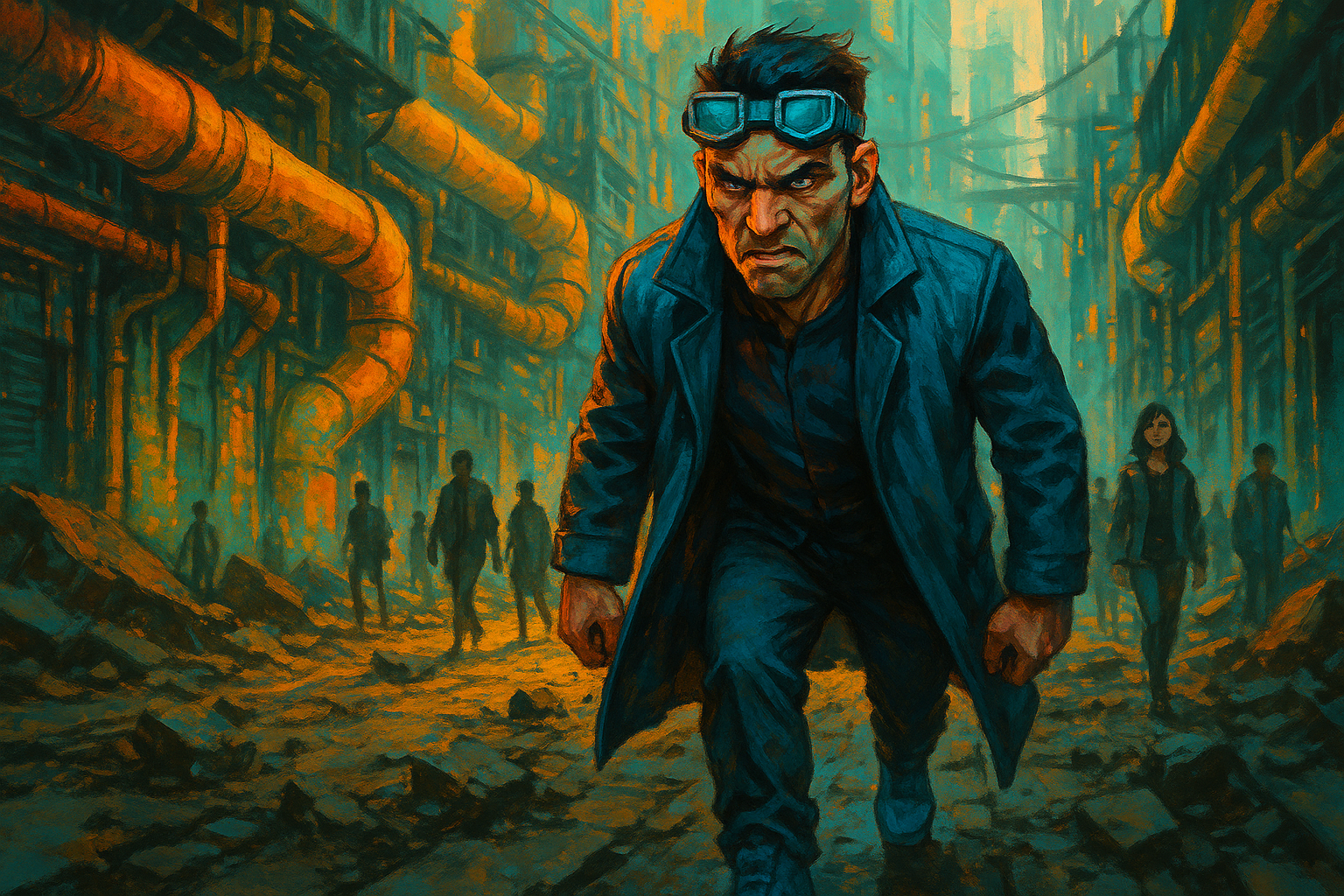 Create a close-up portrait in the foreground of a cyberpunk man with an angry expression walking, He has cyber glasses on his head, He has blue shoes on his feet, dressed in a blue coat, Several men and girls are walking in the background, a view of the scene from a little above from the right corner, Sci-fi scene of Cyberpunk city street demaged, with lot industrial pipework, massive orange, greenish and yellowish, industrial pipes snake through the architecture, while debris and rubble litter the ground, Misty blue atmospheric haze fills the distant spaces between tall buildings, Style: Bold multicolored contrasts between warm oranges and cool teals create atmospheric depth, Textured brushwork adds gritty detail to the industrial elements while maintaining a painterly quality, Atmospheric perspective, industrial decay, complementary contrast, cell shader, painted anime
