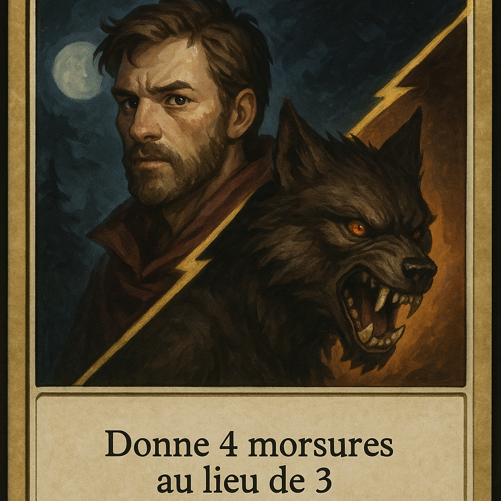 Genere moi une carte de jeux de société type magic, avec un homme et un loup garou coupé par une diagonale, la carte se nommera loup garou et aura une capacité que tu ajouteras en bas dans un carré qui dira " donne 4 morsure au lieu de 3 "