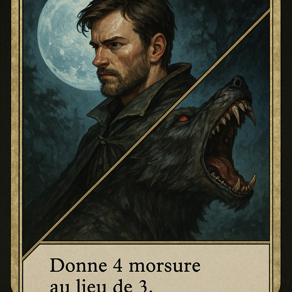 Genere moi une carte de jeux de société type magic, avec un homme et un loup garou coupé par une diagonale, la carte se nommera loup garou et aura une capacité que tu ajouteras en bas dans un carré qui dira " donne 4 morsure au lieu de 3 "