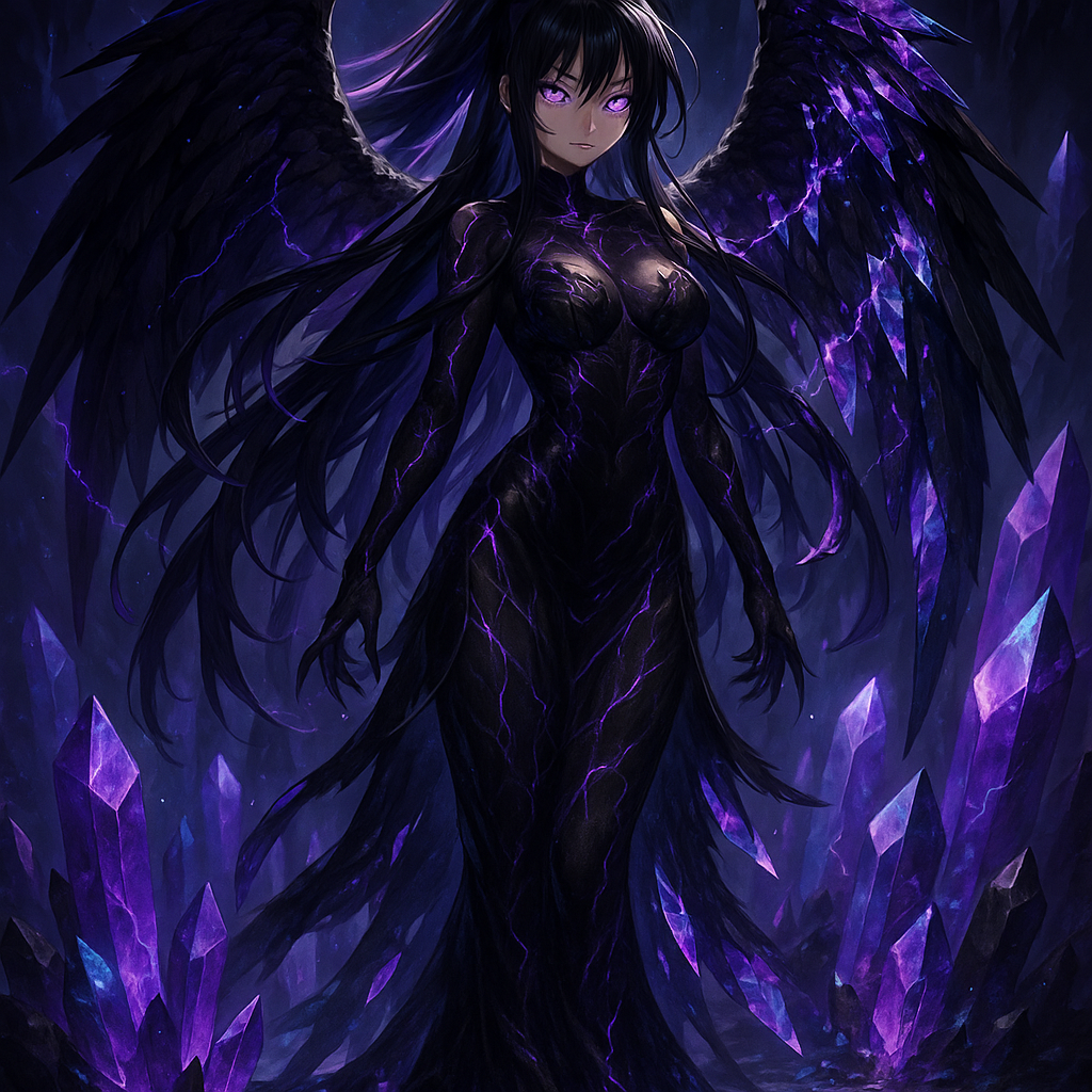Akeno Himejima, High School DxD, transformed into a dark sorceress in a glowing crystal cavern. Her long black hair with violet highlights flows gracefully, faint arcs of lightning weaving through it. Her violet glowing eyes radiate allure and danger. She wears a form-fitting corrupted sorceress gown made of black shadow tendrils, glowing with subtle purple lightning patterns that pulse across her body. Her wings are vast and imposing — black-feathered yet fractured with violet crystal shards, appearing both angelic and demonic at once.

Jagged purple and blue crystals surround her, sparking with electricity and casting an ominous glow. The ground is reflective like liquid shadow, mirroring her form. Her expression is elegant yet commanding, with a faint smile that blends seduction and authority. Tone: ethereal, powerful, balanced between divine beauty and demonic menace.