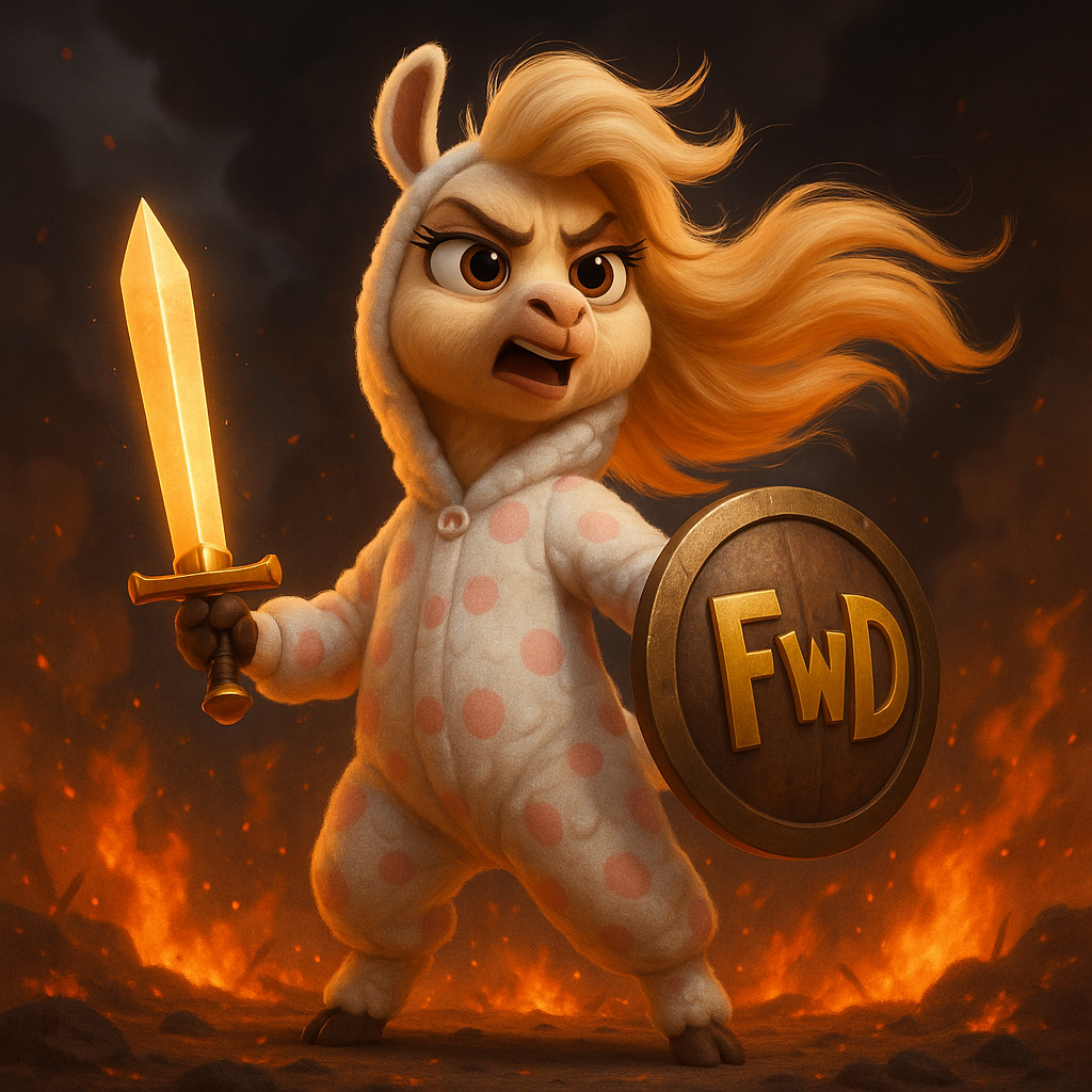 A Pixar-style female llama with a llama face wearing a cute llama onesie stands triumphantly amidst a fiery battlefield, her llama body adorned with cartoonish pyjamas are cute and fluffy. Her flowing blonde mane swirls dynamically under dramatic dark skies, while her large expressive brown eyes radiate fierce determination and playful sass. Clutching a glowing enchanted sword in one hoof and a polished shield emblazoned with bold golden "FwD" lettering in the other, she commands attention against a backdrop of swirling smoke and crackling flames, She looks cute.